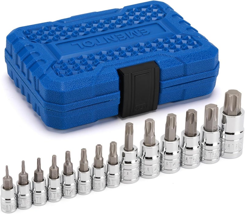 EMENTOL 14PCS Torx Bit Socket Set, CR-V, S2 Steel, 1/4", 3/8" and 1/2" Drive Star Bit Socket Set, T6 - T60 - Image 1